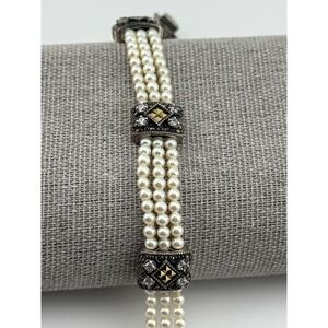 Judith Jack Sterling Silver Marcasite 3 Strand Faux Pearl Bracelet